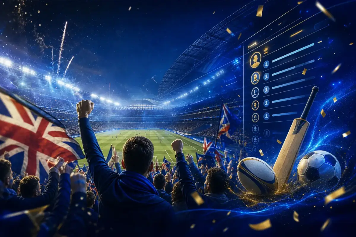 Fantasy sport fans celebrating at a stadium